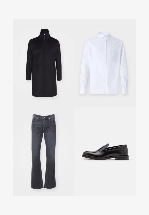 Black wool coat with a high collar, two front pockets, and a three-button closure. Straight cut and smooth texture, minimal design.; White long-sleeve button-up shirt made of cotton, featuring a chest pocket with tonal embroidery, a collar, and button cuffs.; Tiger of Sweden MARTY - Straight leg jeans - black; Black leather loafers with a smooth texture, rounded toe, and a decorative strap across the vamp. Low stacked heel, minimalist design.