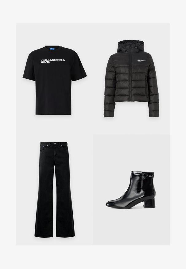 Must puffer-jope kapuutsiga, esiküljel tõmblukk ja horisontaalne pitsiline muster. Vasakul rinnal väike logo ja küljetaskud.; Must musta T-särk lühikeste varrukatega, millel on ees suurtes valgetes tähtedes trükitud "KARL LAGERFELD JEANS".; Mustad denimist lahtised teksad kõrge vöökohaga, viie taskuga disain ja nähtavad õmblusdetailid. Sile tekstuur kerge läikega.; KARL LAGERFELD BONNIE - Klassikalised poolsaapad - black