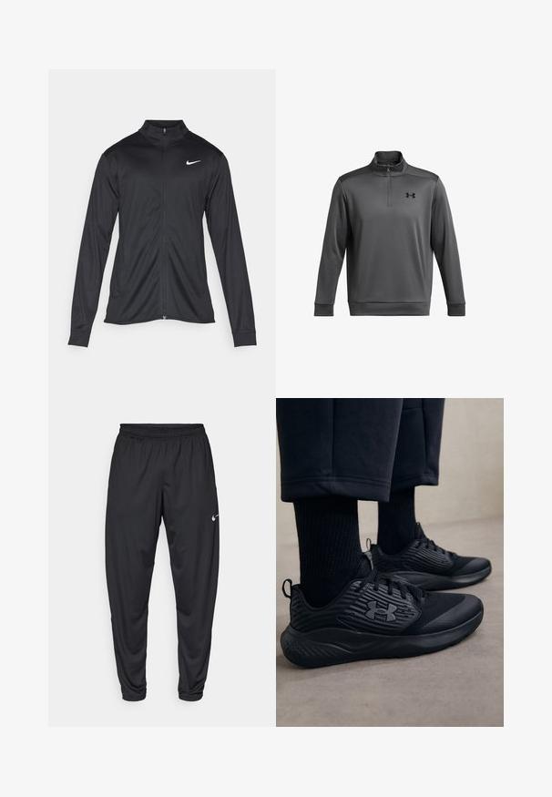 Zwarte sportjack met lange mouwen, kraag en volle rits. Voorzien van een subtiele Nike-logo in het wit op de bovenste linkerborst. Soepele textuur.; Grijze pullover trui met een kwart-rits kraag, gemaakt van gestructureerde stof, met een zwart logo op de linkerborst en gladde manchetten.; Zwarte sportbroeken met een elastische tailleband, taps toelopende pijpen en een klein wit Nike-logo op de linker bovenbeen. Glad stof, zonder patronen.; Persoon in zwarte sport sneakers met gestructureerde zijkanten en logo, gecombineerd met zwarte sokken en cropped broek op een lichte vloer.