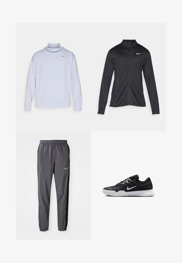 Black athletic jacket with long sleeves, collar, and full zipper. Features a subtle Nike logo in white on the upper left chest. Smooth texture.; Light blue, long-sleeve sweatshirt with a high neck and ribbed cuffs. Simple design featuring a small logo on the chest. Soft texture.; Nike track pants, made of lightweight fabric, in dark gray with black side panels. Features an elastic waistband and reflective logo.; Black athletic shoe with a textured upper, white Nike swoosh, and a white rubber outsole. Features a lace-up design and dynamic shape.