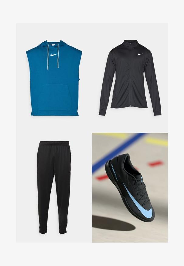 Μαύρο αθλητικό μπουφάν με μακριά μανίκια, γιακά και πλήρη φερμουάρ. Διαθέτει ένα διακριτικό λευκό λογότυπο της Nike στη πάνω αριστερή πλευρά του στήθους. Λείος υφασμάτινος χαρακτήρας.; Αμάνικο μπλε πουλόβερ φούτερ από βαμβάκι με μπροστινή τσέπη, διαθέτει λευκή κορδόνι και μικρό λευκό λογότυπο Nike στο στήθος.; Μαύρο αθλητικό παντελόνι από λείο ύφασμα, με ελαστική μέση, κοφτά μπατζάκια και μικρό λευκό λογότυπο στην αριστερή πλευρά.; Μαύρο αθλητικό παπούτσι με μπλε λεπτομέρειες, υφή στην επιφάνεια, σχέδιο με κορδόνια και χαρακτηριστικό λογότυπο Nike. Λαστιχένια σόλα με σχέδια πρόσφυσης.