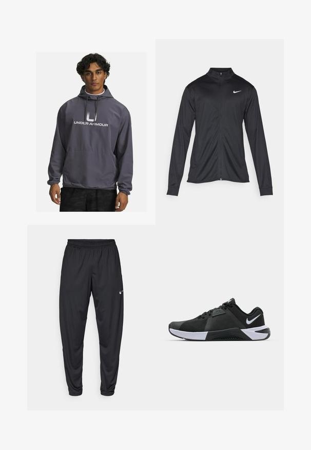 Zwarte sportjack met lange mouwen, kraag en volle rits. Voorzien van een subtiele Nike-logo in het wit op de bovenste linkerborst. Soepele textuur.; Grijze Under Armour hoodie met een voorzak, verstelbare capuchon en elastische manchetten. Kenmerkt een wit logo gedrukt op de borst. Soepele textuur.; Zwarte sportbroeken met een elastische tailleband, taps toelopende pijpen en een klein wit Nike-logo op de linker bovenbeen. Glad stof, zonder patronen.; Nike Performance METCON 10 - Trainingsschoen - black/white/anthracite