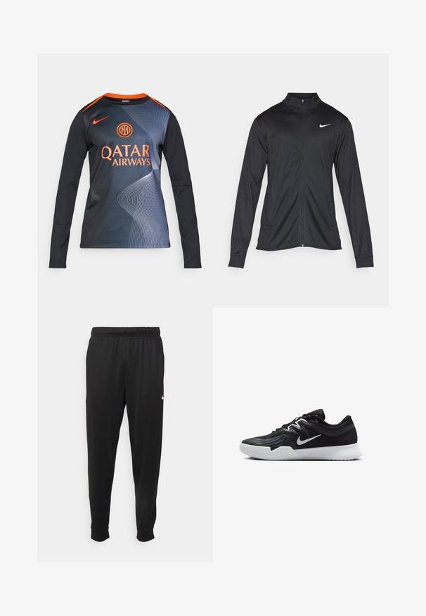 Črna atletska jakna z dolgimi rokavi, ovratnikom in polnim zadrgo. Vključuje diskreten bel Nike logotip na zgornjem levem delu prsnega koša. Gladka tekstura.; Dolga majica v črni barvi z oranžnim ovratnikom. Ima gradientni dizajn z geometrijskimi vzorci ter napisan "QATAR AIRWAYS" v oranžni barvi.; Črne športne hlače iz gladkega materiala, z elastičnim pasom, zoženimi hlačnicami in majhnim belim logotipom na levi strani.; Črne atletske čevlje z teksturirano zgornjico, belim Nike znakom in belim gumijastim zunanjim podplatom. Imajo vezalni dizajn in dinamično obliko.