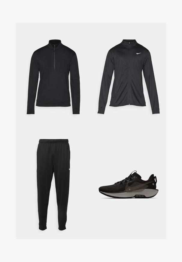 Must värvi sportlik jakk pikkade varrukatega, krae ja täispikk tõmblukk. Ülemises vasakus rinnas on diskreetne valge Nike logo. Sile tekstuur.; Must ümberlõikega must pusa, millel on tõmblukuga krae, valmistatud pehmest materjalist, iseloomustavad lamedad õmblused ja mugav lahtine lõige.; Mustad mustekad athletic-püksid sujuvast kangast, elastse vöökoha, kitsenevate jalgade ja väikese valge logoga vasakul küljel.; Must mustavad jooksujalatsid võrkkangast ülaosaga, ringjate aktsentidega ja tekstuurse tallaga. Omab halli vaheosa ja peegeldavaid detaile. Kerge konstruktsioon.