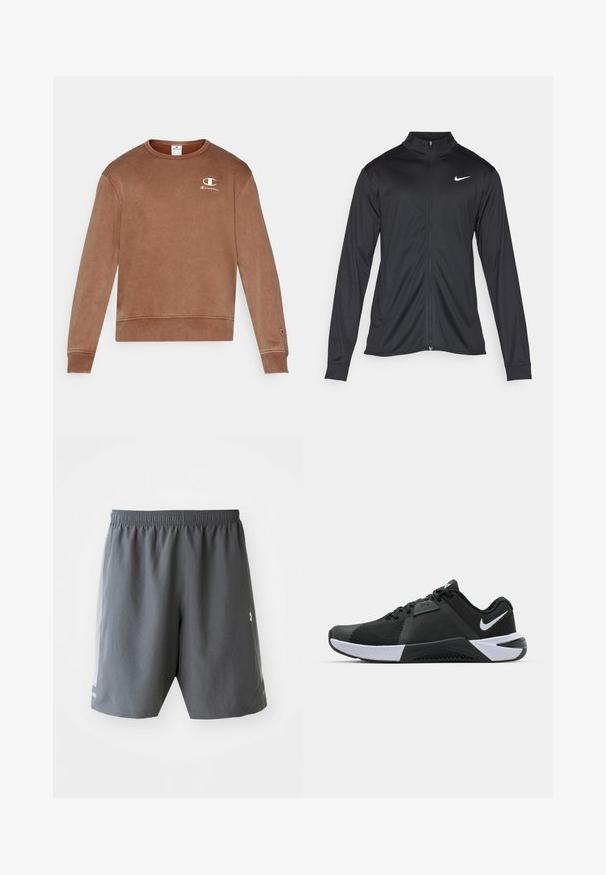 Black athletic jacket with long sleeves, collar, and full zipper. Features a subtle Nike logo in white on the upper left chest. Smooth texture.; Brown cotton crewneck sweatshirt with ribbed cuffs and hem, featuring a small white Champion logo on the left chest. Soft texture.; Gray athletic shorts with an elastic waistband, smooth texture, and mesh side panels. Features subtle stripes near the hem and a logo.; Nike Performance METCON 10 - Training shoe - black/white/anthracite