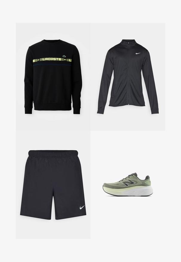 Black athletic jacket with long sleeves, collar, and full zipper. Features a subtle Nike logo in white on the upper left chest. Smooth texture.; Black long-sleeve sweatshirt with yellow graphic text and green crocodile logo across the chest, featuring blue piping detail underneath.; Black athletic shorts made of lightweight material with an elastic waistband. Features a small white Nike logo on the lower left side.; Green and black New Balance running shoe with mesh upper, thick cushioned white midsole, and black outsole, shown in side profile on white background.