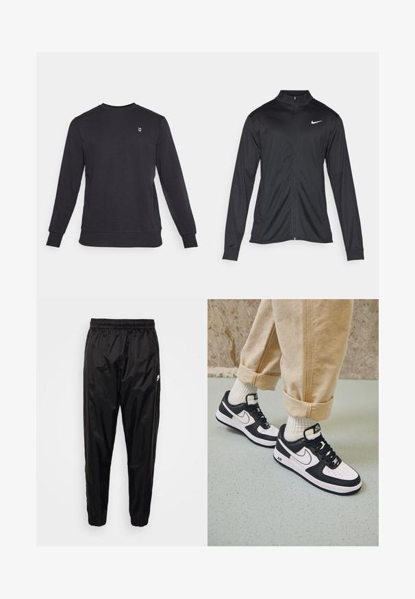 Sort atletisk jakke med lange ærmer, krave og fuld lynlås. Har et diskret Nike-logo i hvidt på den øverste venstre side af brystet. Glat tekstur.; Sort crewneck sweatshirt lavet af blødt stof, med lange ærmer og ribbede manchetter. Lille logo i hvid på brystet.; Sorte træningsbukser lavet af let, skinnende materiale med elastisk talje, tætsiddende pasform og med lynlåslommer. Har et logo som accent.; Sorte og hvide Nike Air Force 1 sneakers med læderoverdel, perforeret tå og tekstureret såldetalje, båret med rullede beige bukser og hvide sokker.
