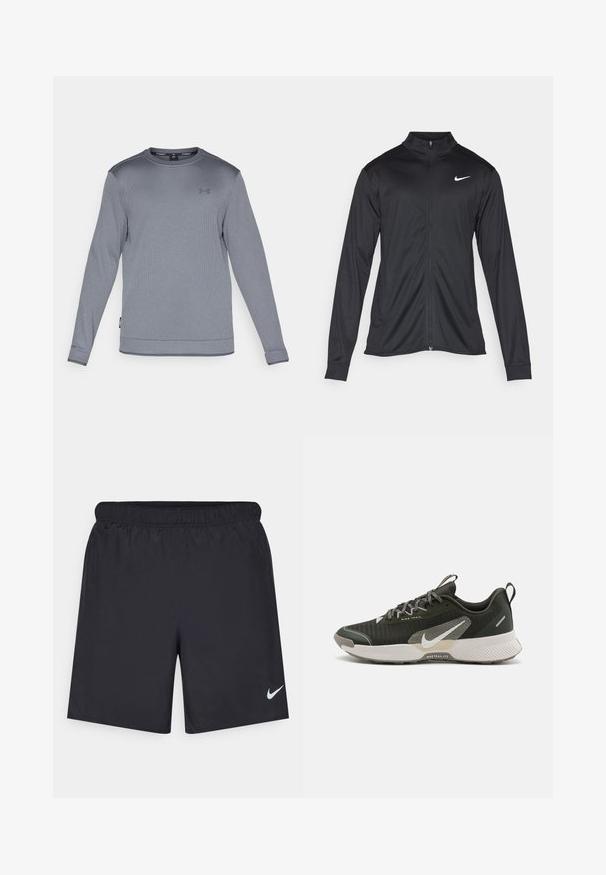 Fekete sportdzseki hosszú ujjal, gallérral és teljes cipzárral. Diszkrét fehér Nike logóval az upper bal mellen. Sima textúra.; Hosszú ujjú szürke sport póló, texturált anyagból készült, kerek nyakkal, amelyen egy kis logó található a mellrészen, és bordázott mandzsetták.; Fekete sportnadrág könnyű anyagból, rugalmas derékkal. A bal alsó oldalon egy kis fehér Nike-logó található.; Sötétzöld sportcipő, textúrált felsőrésszel, ezüst díszítéssel és strapabíró talppal, amelyen egy kiemelkedő Nike logó található az oldalon.