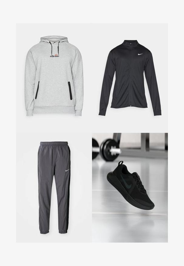 Čierna športová bunda s dlhými rukávmi, golierom a plným zipsom. Obsahuje nenápadné logo Nike v bielej farbe na hornej ľavej hrudi. Hladká textúra.; Sivá mikina s predným logom, kapucňou na šnúrku a dvoma čiernymi zipsovými bočnými vreckami. Vyrobená z mäkkej tkaniny s rebrovanými manžetami a lemom.; Nike teplákové nohavice, vyrobené z ľahkého materiálu, v tmavosivej farbe s čiernymi bočnými panelmi. Majú elastický pás a reflexné logo.; Čierna atletická obuv s textúrovaným sieťovým vrchom, gumovou podrážkou a výrazným tmavým logom Swoosh. Má polstrovaný golier a šnurovací dizajn.