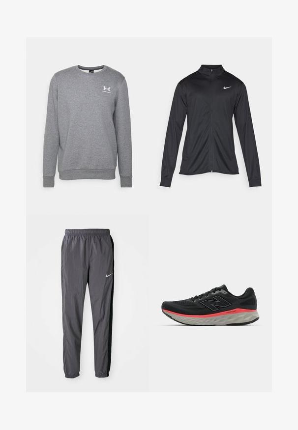 Fekete sportdzseki hosszú ujjal, gallérral és teljes cipzárral. Diszkrét fehér Nike logóval az upper bal mellen. Sima textúra.; Szürke, bolyhos anyagból készült pulóver, kerek nyakkivágással, hosszú ujjakkal, bordázott mandzsettával és szegéllyel, valamint egy kis fehér logóval a mellkasán.; Nike melegítőnadrág, könnyű anyagból készült, sötétszürke színben, fekete oldalsó panelek mellett. Jellemzője a rugalmas derékbőség és a fényvisszaverő logó.; Fekete futócipő, hálós felsőrésszel, rózsaszín középtalppal és szürke talppal. Texturált részletekkel és rugalmas talp kialakítással rendelkezik.