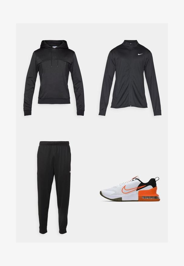 Svart idrettsjakke med lange ermer, krage og full glidelås. Har en subtil Nike-logo i hvitt på øvre venstre bryst. Glatt tekstur.; Svart hettegensere med frontlomme, snøring, teksturert panel, og diskret logo på brystet. Har kontrasterende søm detaljer.; Svarte treningsbukser laget av glatt stoff, med elastisk midje, smale ben og en liten hvit logo på venstre side.; Hvit sportssko med et teksturert mesh-overdel, sorte og oransje accenter, en tykk gummisåle og en klar luftpute-seksjon ved hælen.