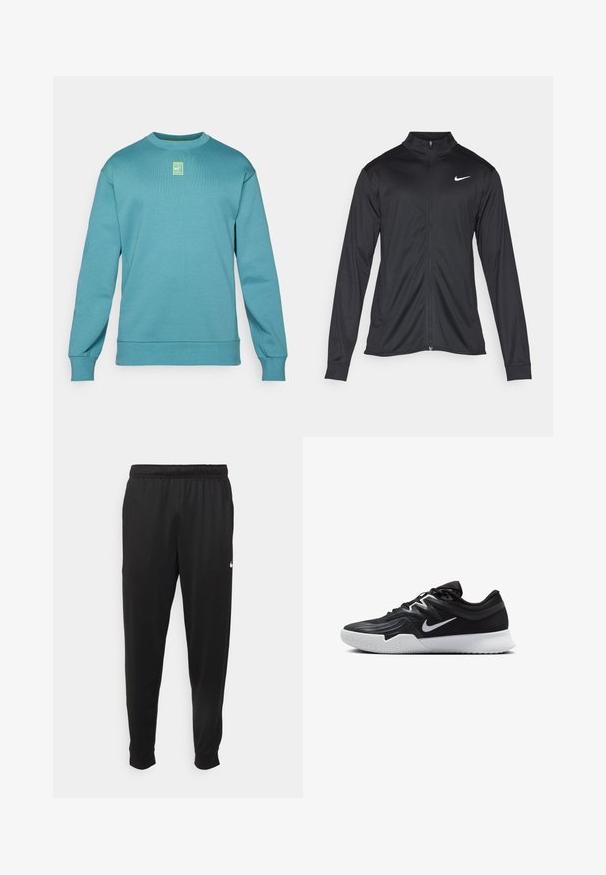 Jacket desportivo preto com mangas longas, colarinho e fecho zip completo. Apresenta um discreto logotipo da Nike em branco na parte superior do lado esquerdo do peito. Textura suave.; Sweatshirt teal com textura canelada, decote redondo e mangas longas. Apresenta um pequeno logotipo amarelo em design retangular no peito.; Calças de desporto pretas feitas de tecido suave, com uma cintura elástica, pernas ajustadas e um pequeno logo branco no lado esquerdo.; Sapatilha atlética preta com um cabedal texturizado, swoosh branco da Nike e uma sola de borracha branca. Apresenta um design com atacadores e uma forma dinâmica.