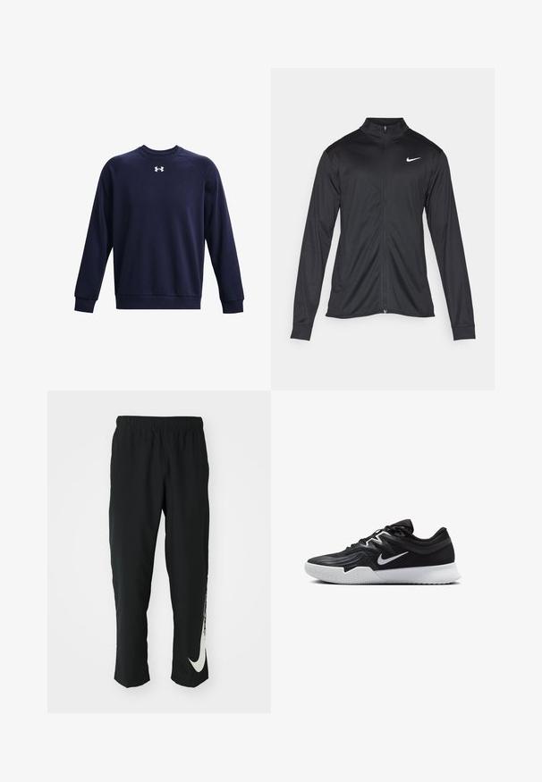 Musta urheilutakki pitkillä hihoilla, kauluksella ja kokonaisella vetoketjulla. Täydentää hienovarainen Nike-logo valkoisena vasemmassa ylärinnassa. Litteä pinta.; Laivansinis sweatshirt pehmeästä kankaasta, jossa on pyöreä kaula-aukko, pitkät hihat ja valkoinen logo rintakuvassa.; Mustat urheiluhousut, joissa on joustava vyötärö, kapeneva muotoilu ja suuri valkoinen Nike-logo vasemmassa lahkeessa. Pehmeä, kevyt kangas.; Musta urheilukenkä, jossa on teksturoitu päällinen, valkoinen Nike-tikkaus ja valkoinen kumipohja. Kenkässä on nauhakuji ja dynaaminen muoto.