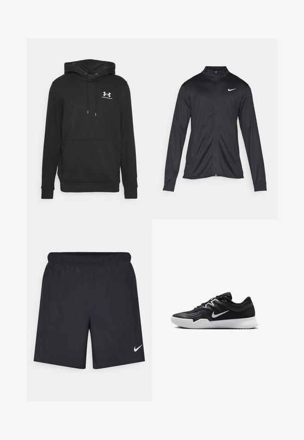 Zwarte sportjack met lange mouwen, kraag en volle rits. Voorzien van een subtiele Nike-logo in het wit op de bovenste linkerborst. Soepele textuur.; Zwarte hoodie met een kangoeroezak, een trekkoord in de capuchon en een wit Under Armour-logo op de borst. Gemaakt van zachte stof.; Zwarte sportshorts gemaakt van lichtgewicht materiaal met een elastische tailleband. Voorzien van een klein wit Nike-logo aan de onderzijde aan de linkerkant.; Zwarte sportieve schoen met een gestructureerde bovenkant, witte Nike swoosh en een witte rubberen zool. Beschikt over een veterontwerp en een dynamische vorm.