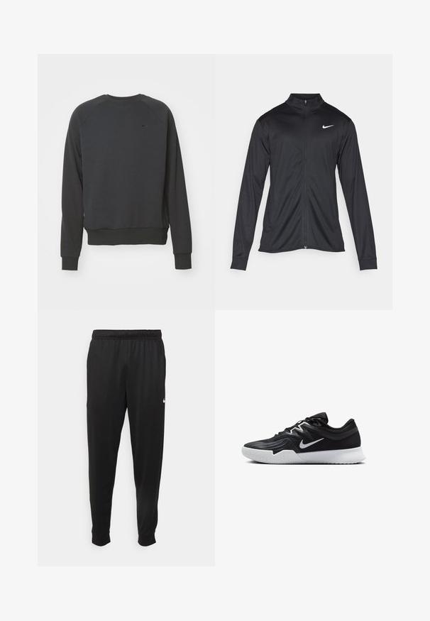 Chaqueta atlética negra con mangas largas, collar y cremallera completa. Presenta un sutil logo de Nike en blanco en la parte superior izquierda del pecho. Textura suave.; Sudadera de color gris oscuro con mangas largas y cuello redondo. Presenta un sutil logo negro de Nike en el pecho. Material suave con puños acanalados.; Pantalones deportivos negros de tejido suave, con cintura elástica, perneras ajustadas y un pequeño logotipo blanco en el lado izquierdo.; Zapatilla deportiva negra con parte superior texturizada, logo de Nike en blanco y suela de goma blanca. Tiene un diseño con cordones y una forma dinámica.