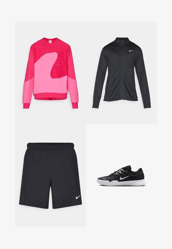 Svart idrettsjakke med lange ermer, krage og full glidelås. Har en subtil Nike-logo i hvitt på øvre venstre bryst. Glatt tekstur.; Fleece sweatshirt i livlige rosa nyanser, med abstrakte lysere rosa former, ribbede mansjetter og kant, samt rund hals.; Svart sportskjørt laget av lett materiale med elastisk linning. Har en liten hvit Nike-logo nederst til venstre.; Svart treningssko med teksturert overdel, hvit Nike-swoosh og hvit gummisåle. Har snøring og en dynamisk form.