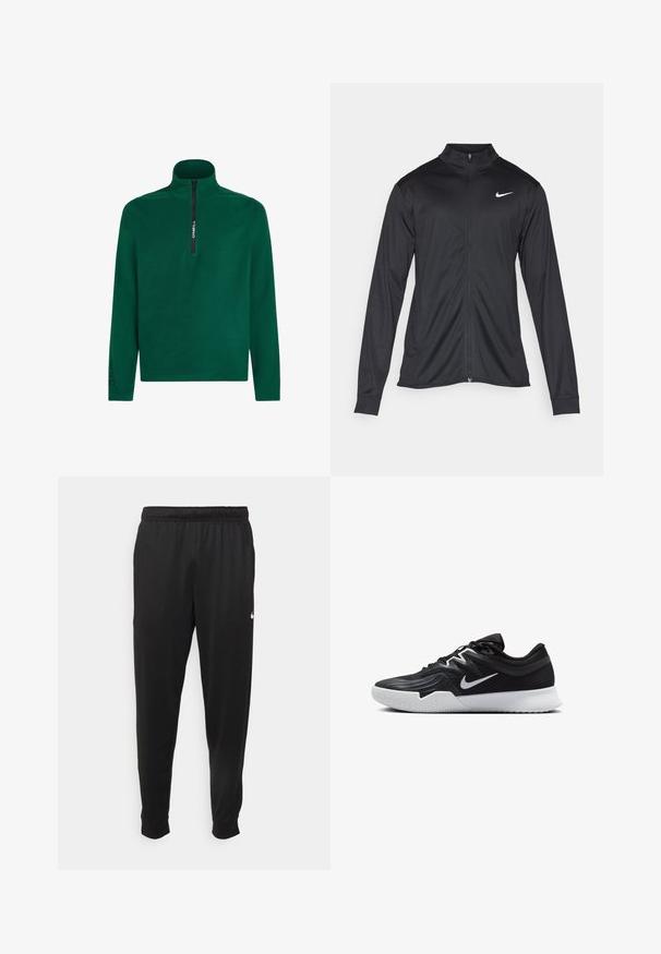 Svart idrottsjacka med långa ärmar, krage och full dragkedja. Har en diskret Nike-logga i vitt på övre vänstra bröstet. Slät yta.; Grön fleecetröja med hög dragkedja. Har en svart dragkedja och en svart "Polartec"-logotyp på ärmen. Mjuk textur.; Svarta träningsbyxor i slät tyg, med elastisk midja, avsmalnande ben och en liten vit logotyp på vänster sida.; Svarta träningsskor med en texturerad ovandel, vit Nike-logga och en vit gummisula. Har snörningsdesign och en dynamisk form.