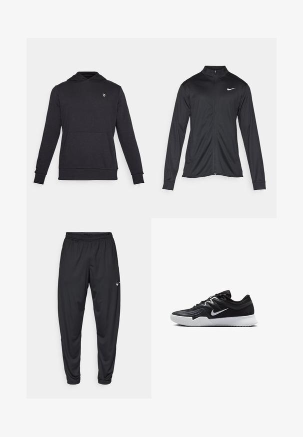 Chaqueta atlética negra con mangas largas, collar y cremallera completa. Presenta un sutil logo de Nike en blanco en la parte superior izquierda del pecho. Textura suave.; Sudadera con capucha negra hecha de tela suave, con mangas largas, un bolsillo frontal y un pequeño logo en el pecho.; Pantalones deportivos negros con cintura elástica, piernas estrechas y un pequeño logo blanco de Nike en el muslo izquierdo. Tela suave, sin patrones.; Zapatilla deportiva negra con parte superior texturizada, logo de Nike en blanco y suela de goma blanca. Tiene un diseño con cordones y una forma dinámica.