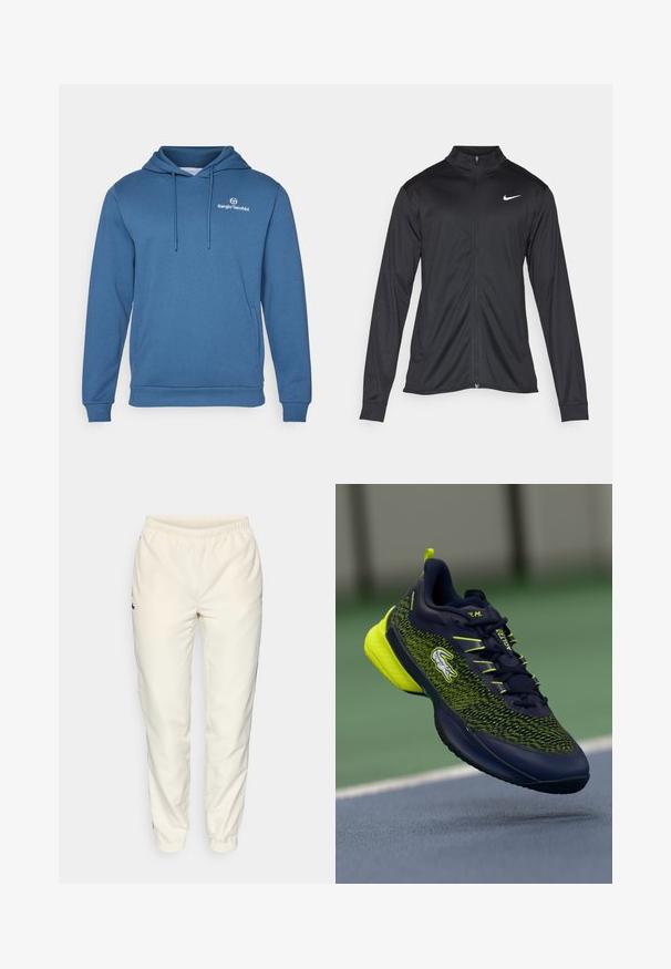 Giacca sportiva nera con maniche lunghe, colletto e zip completa. Presenta un logo Nike in bianco sulla parte superiore del lato sinistro del petto. Tessuto morbido.; Felpa blu realizzata in morbido materiale, con tasca frontale, polsini a coste e cappuccio regolabile con cordino. Presenta un piccolo logo bianco sul petto.; Pantaloni sportivi color crema con vita elastica, gambe aderenti e un piccolo logo verde scuro sul lato sinistro. Tessuto liscio e leggero.; Scarpa da atletica di colore blu scuro e verde neon con lacci, logo coccodrillo e suola ammortizzata sospesa sopra la superficie di un campo da tennis.