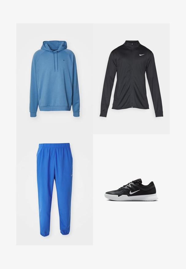 Melna sporta jaka ar garām piedurknēm, apkakli un pilnu rāvējslēdzēju. Uz kreisā krūts augšdaļas ir maigs Nike logo baltā krāsā. Gluda tekstūra.; Zils kapucis džemperis, izgatavots no mīkstas audumas, ar vienkāršu dizainu, garām raglan piedurknēm un mazu logo uz krūtīm.; Zili zili svārki ar elastīgu jostasvietu, taisnas kāju dizainu un sašaurinātām piedurknēm. Ar Nike zīmolu zeltā kreisajā pusē.; Melni sporta apavi ar teksturētu virsu, balto Nike zulumu un balto gumijas zoli. Iezīmējas ar auklu pievilkšanas dizainu un dinamisku formu.