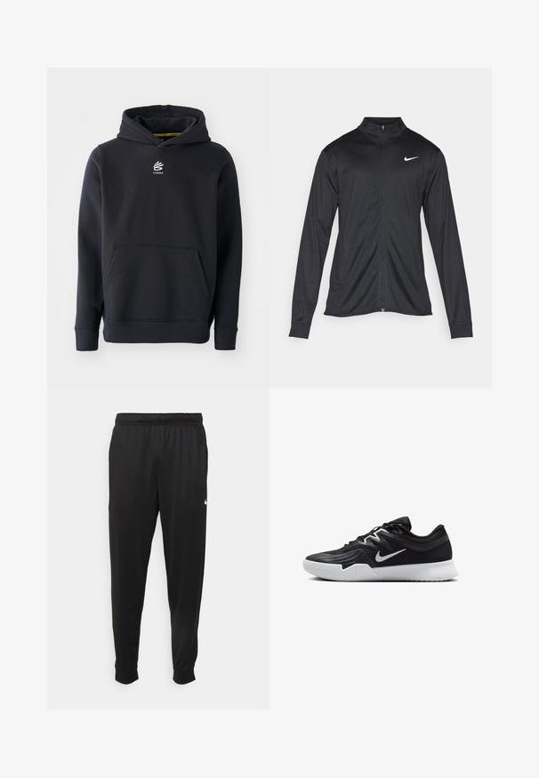 Veste de sport noire à manches longues, avec col et fermeture éclair intégrale. Présente un logo Nike subtil en blanc sur le côté supérieur gauche de la poitrine. Texture lisse.; Haut à capuche noir en tissu mélangé de coton, doté d'une poche kangourou et d'un logo brodé sur la poitrine. Design simple et classique.; Pantalon de sport noir en tissu lisse, avec une taille élastique, des jambes fuselées et un petit logo blanc sur le côté gauche.; Chaussure de sport noire avec une tige texturée, un swoosh blanc de Nike et une semelle extérieure en caoutchouc blanc. Elle présente un design à lacets et une forme dynamique.