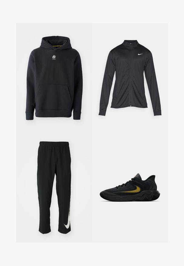 Schwarze Sportjacke mit langen Ärmeln, Kragen und voller Reißverschluss. Verfügt über ein dezentes Nike-Logo in Weiß auf der oberen linken Brust. Glatte Textur.; Schwarze Kapuzenjacke aus Baumwollmischgewebe, mit einer Kängurutasche und einem gestickten Logo auf der Brust. Einfaches, klassisches Design.; Schwarze Sporthose mit elastischem Bund und taillierter Passform, auf der linken Beinschulter befindet sich ein großes weißes Nike-Logo. Weicher, leichter Stoff.; Schwarzer und dunkelgrauer Sportschuh mit schwarzen Schnürsenkeln und goldenem Swoosh-Logo, ausgestattet mit einem gewellten Sohlen design und gepolstertem Fersenkragen.