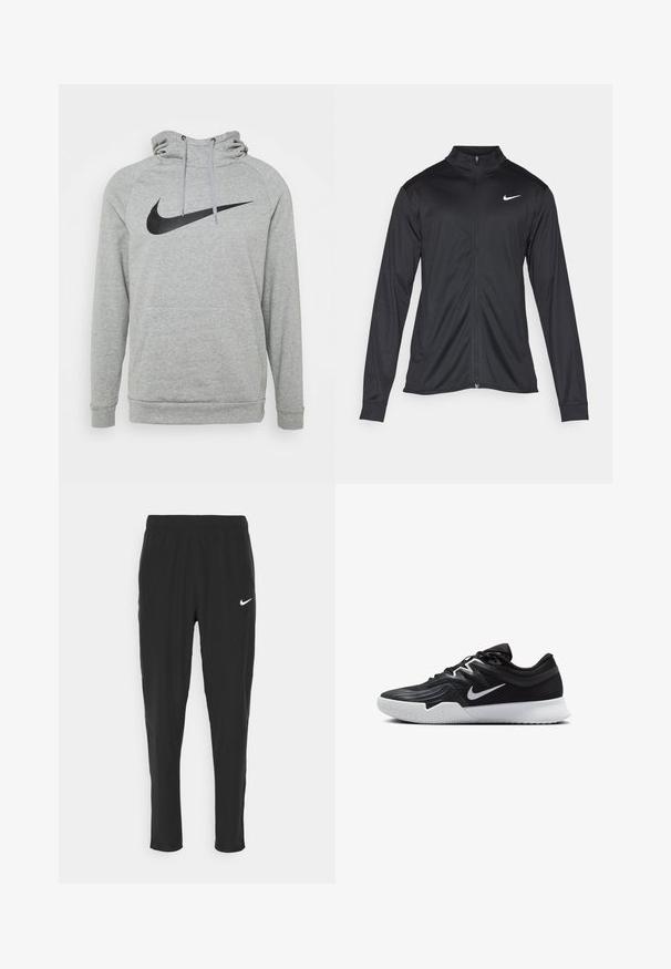Giacca sportiva nera con maniche lunghe, colletto e zip completa. Presenta un logo Nike in bianco sulla parte superiore del lato sinistro del petto. Tessuto morbido.; Felpa grigia in pile con tasca a marsupio, caratterizzata da un grande logo Nike nero davanti e cordini sul cappuccio.; Pantaloni sportivi neri realizzati in tessuto leggero, con vita elasticizzata e logo Nike bianco sulla coscia sinistra.; Scarpa sportiva nera con tomaia testurizzata, logo Nike swoosh bianco e suola in gomma bianca. Presenta un design con lacci e una forma dinamica.