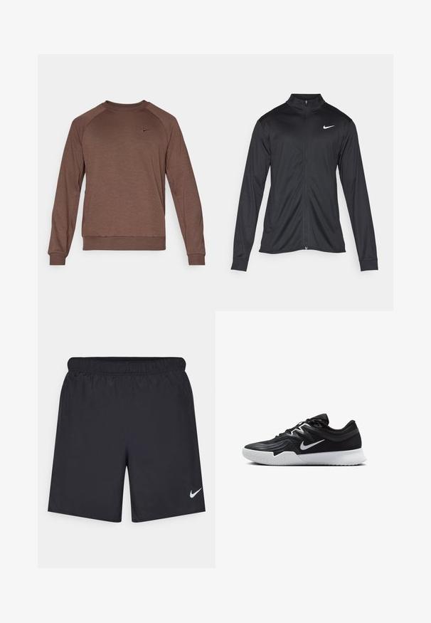 Černá sportovní bunda s dlouhými rukávy, límcem a plným zipem. Má decentní bílou logo značky Nike na horní levé části hrudi. Hladká textura.; Hnědá mikina Nike s dlouhými rukávy, klasickým krkem a raglánovým designem. Obsahuje malé logo nad levou částí hrudi. Měkká textilie.; Černé sportovní šortky vyrobené z lehkého materiálu s elastickým pasem. Na spodní levé straně mají malé bílé logo Nike.; Černá atletická bota s texturovaným svrškem, bílým logem Nike a bílou gumovou podrážkou. Disponuje šněrovacím designem a dynamickým tvarem.
