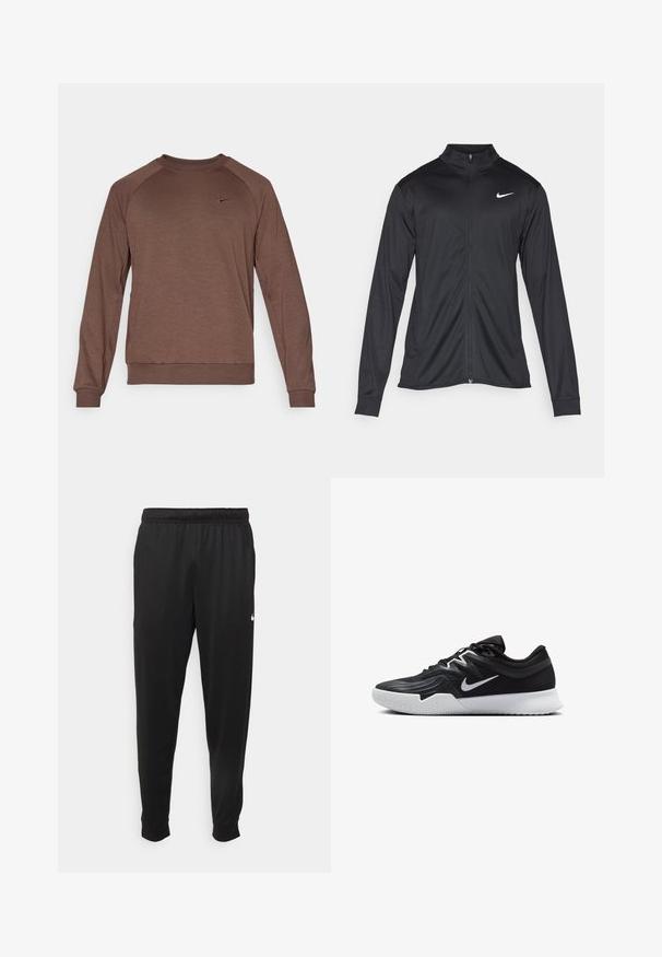 Svart idrettsjakke med lange ermer, krage og full glidelås. Har en subtil Nike-logo i hvitt på øvre venstre bryst. Glatt tekstur.; Brun Nike hettegenser med lange ermer, rund hals og raglan-design. Har en liten logo over venstre brystområde. Myk stofftekstur.; Svarte treningsbukser laget av glatt stoff, med elastisk midje, smale ben og en liten hvit logo på venstre side.; Svart treningssko med teksturert overdel, hvit Nike-swoosh og hvit gummisåle. Har snøring og en dynamisk form.
