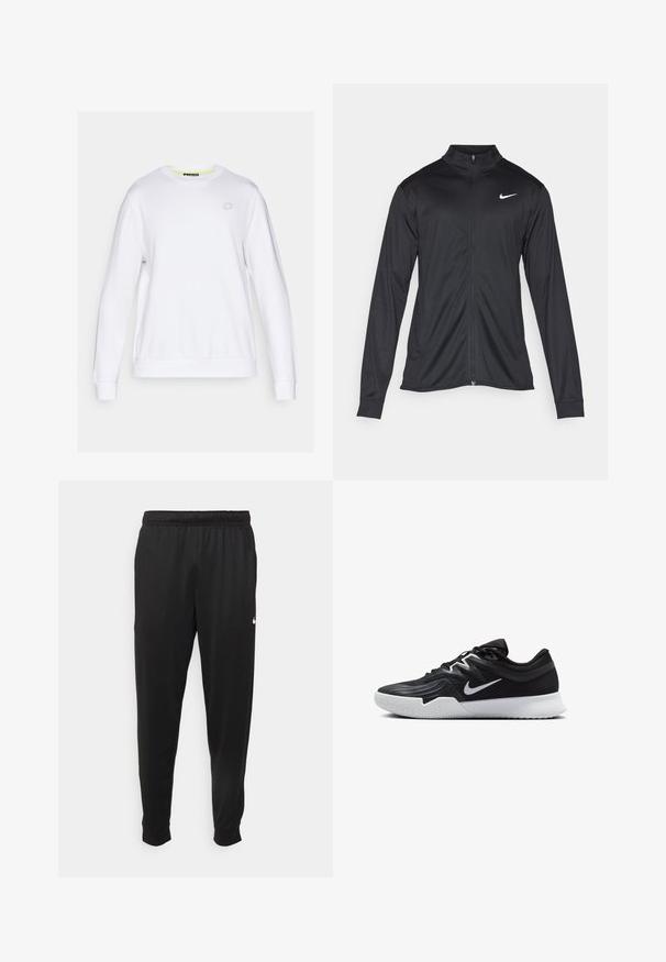 Jacket desportivo preto com mangas longas, colarinho e fecho zip completo. Apresenta um discreto logotipo da Nike em branco na parte superior do lado esquerdo do peito. Textura suave.; Sweatshirt branco com mangas longas, gola redonda e punhos canelados. Apresenta um logótipo geométrico discreto no peito. Textura suave.; Calças de desporto pretas feitas de tecido suave, com uma cintura elástica, pernas ajustadas e um pequeno logo branco no lado esquerdo.; Sapatilha atlética preta com um cabedal texturizado, swoosh branco da Nike e uma sola de borracha branca. Apresenta um design com atacadores e uma forma dinâmica.