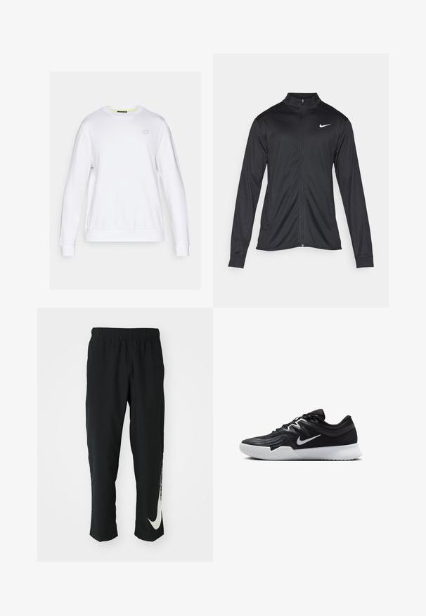 Melna sporta jaka ar garām piedurknēm, apkakli un pilnu rāvējslēdzēju. Uz kreisā krūts augšdaļas ir maigs Nike logo baltā krāsā. Gluda tekstūra.; Balta sporta krekla ar garām piedurknēm, apaļu kakla izgriezumu un ribota apakšmalu. Uz krūškurvja ir smalks ģeometrisks logo. Gluda tekstūra.; Melni sporta bikses ar elastīgu jostasvīru, ar sašaurinātu dizainu, kurām uz kreisā kājas gabala ir liels balts Nike logo. Mīksts, viegls audums.; Melni sporta apavi ar teksturētu virsu, balto Nike zulumu un balto gumijas zoli. Iezīmējas ar auklu pievilkšanas dizainu un dinamisku formu.