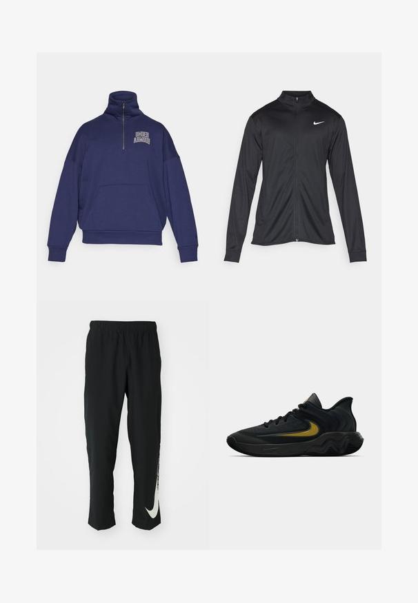 Černá sportovní bunda s dlouhými rukávy, límcem a plným zipem. Má decentní bílou logo značky Nike na horní levé části hrudi. Hladká textura.; Námořnická modrá mikina s vysokým límcem, s polo zipem, přední kapsou a logem "Under Armour" v bílé barvě na levé hrudi. Tkanina z bavlněné směsi.; Černé sportovní kalhoty s elastickým páskem, zúženým střihem, se velkým bílým logem Nike na levé nohavici. Měkká, lehká tkanina.; Černá a tmavě šedá sportovní obuv s černými tkaničkami a zlatým logem ve tvaru síťoviny, s vlnitým designem podrážky a polstrovaným límcem kolem paty.