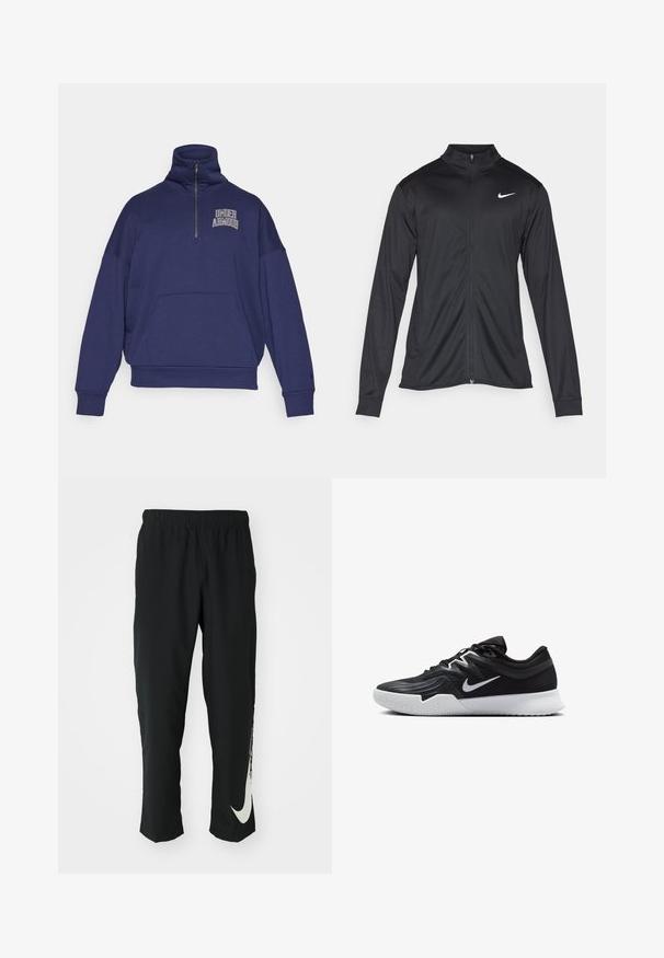 Crna sportska jakna s dugim rukavima, ovratnikom i punim patentnim zatvaračem. Ima suptilan Nike logo u bijeloj boji na gornjem lijevom dijelu prsne oznake. Glatka tekstura.; Tamno plavi dukserica s visokim ovratnikom, polu-zipom, prednjim džepom i bijelim "Under Armour" logom na lijevoj strani prsnog koša. Tkanina od mješavine pamuka.; Crne sportske hlače s elastičnim pojasom, suženi dizajn, sa velikim bijelim Nike logotipom na lijevoj nozi. Mekana, lagana tkanina.; Crna sportska cipela s teksturiranim gornjim dijelom, bijelim Nike swooshom i bijelim gumennim potplatom. Ima dizajn s vezanjem i dinamičan oblik.