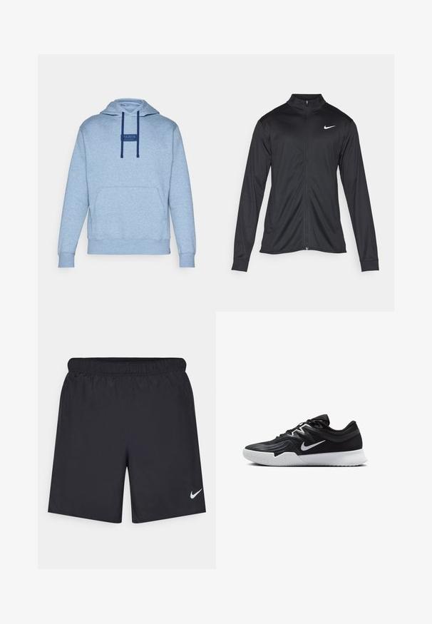 Crna sportska jakna s dugim rukavima, ovratnikom i punim patentnim zatvaračem. Ima suptilan Nike logo u bijeloj boji na gornjem lijevom dijelu prsne oznake. Glatka tekstura.; Svijetloplava dukserica od mekog materijala, s kengur džeparom, mornarsko plavim špagama i pravokutnom oznakom s natpisom "PARIS SAINT-GERMAIN."; Crne atletske kratke hlače od laganog materijala s elastičnom tačkom. Imaju mali bijeli Nike logo na donjoj lijevoj strani.; Crna sportska cipela s teksturiranim gornjim dijelom, bijelim Nike swooshom i bijelim gumennim potplatom. Ima dizajn s vezanjem i dinamičan oblik.