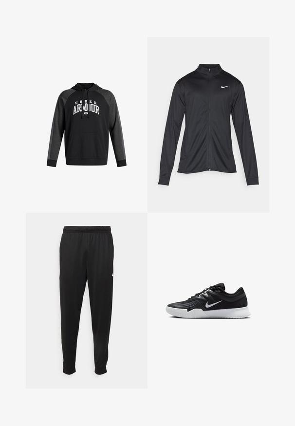 Juodas sportinis švarkas su ilgomis rankovėmis, apykakle ir pilnu užtrauktuku. Yra subtilus baltas Nike logotipas kairėje krūtinės pusėje. Lygus tekstūra.; Juoda gobtuvų sportinė palaidinė su priekinėmis kengūros kišenėmis, pilkomis detalėmis ant rankovių ir baltu "UNDER ARMOUR" užrašu ant krūtinės.; Juodi sportiniai kelnės, pagamintos iš lygaus audinio, turinčios elastinę juosmenį, siaurėjantys sijonai ir mažas baltas logotipas kairėje pusėje.; Juodos sportinės bateliai su tekstūruota viršutine dalimi, balta Nike swoosh ir balta gumine išorine dalimi. Yra su raištelių užsegimo dizainu ir dinamine forma.