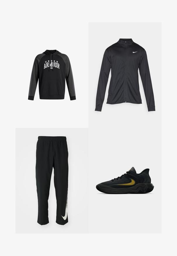 Must värvi sportlik jakk pikkade varrukatega, krae ja täispikk tõmblukk. Ülemises vasakus rinnas on diskreetne valge Nike logo. Sile tekstuur.; Mustmust kattega hoodie, millel on ees poolsalvestus, hallid aktsendid varrukatel ja "UNDER ARMOUR" tekst valgel üle rinna.; Mustad mustad sportlikud püksid elastse vöökohtadega, kitseneva disainiga, millel on vasakul jalal suur valge Nike logo. Pehme, kerge kangas.; Mustmust värvi ja tumeda halli sportlik king, millel on mustad paelad ja kuldne swooshi logo, ning laineline tald ja pehmendatud kand.