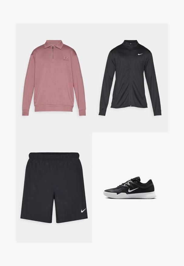 Black athletic jacket with long sleeves, collar, and full zipper. Features a subtle Nike logo in white on the upper left chest. Smooth texture.; Light pink pullover sweatshirt with a zippered collar, long sleeves, ribbed cuffs, and an embroidered logo on the left chest. Smooth texture.; Black athletic shorts made of lightweight material with an elastic waistband. Features a small white Nike logo on the lower left side.; Black athletic shoe with a textured upper, white Nike swoosh, and a white rubber outsole. Features a lace-up design and dynamic shape.