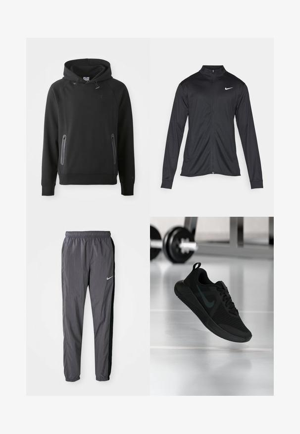 Black athletic jacket with long sleeves, collar, and full zipper. Features a subtle Nike logo in white on the upper left chest. Smooth texture.; Black hooded sweatshirt with a kangaroo pocket, made from a soft material. Features drawstrings and a logo on the chest. Long sleeves with cuffs.; Nike track pants, made of lightweight fabric, in dark gray with black side panels. Features an elastic waistband and reflective logo.; Black athletic shoe with a textured mesh upper, rubber sole, and a prominent dark swoosh logo. Features a padded collar and lace-up design.