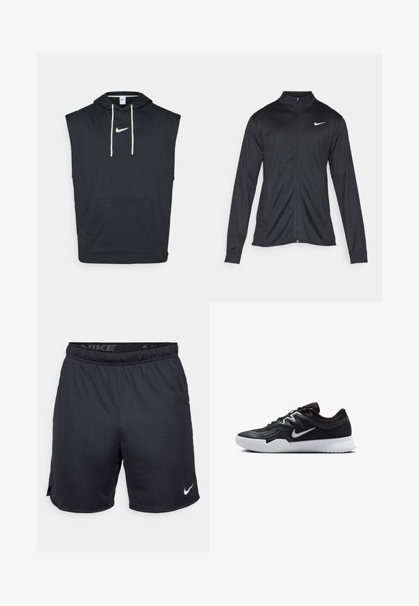 Črna atletska jakna z dolgimi rokavi, ovratnikom in polnim zadrgo. Vključuje diskreten bel Nike logotip na zgornjem levem delu prsnega koša. Gladka tekstura.; Črna brezrokavna kapuca s sprednjim žepom. Ima bel Nike logo na prsih in kremne vrvice. Lahka tkanina.; Črne Nike kratke hlače z elastičnim pasom, stranskimi šivi in belim Nike logotipom na spodnjem robu. Narejene so iz lahkega, teksturiranega materiala.; Črne atletske čevlje z teksturirano zgornjico, belim Nike znakom in belim gumijastim zunanjim podplatom. Imajo vezalni dizajn in dinamično obliko.