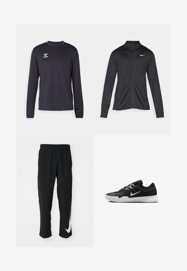 Schwarze Sportjacke mit langen Ärmeln, Kragen und voller Reißverschluss. Verfügt über ein dezentes Nike-Logo in Weiß auf der oberen linken Brust. Glatte Textur.; Dunkelgraues langärmliges Sportshirt aus weichem Stoff. Verfügt über einen Rundhalsausschnitt und ein weißes Logo auf der linken Brust. Glatte Textur mit minimalistischem Design.; Schwarze Sporthose mit elastischem Bund und taillierter Passform, auf der linken Beinschulter befindet sich ein großes weißes Nike-Logo. Weicher, leichter Stoff.; Schwarzer Sportschuh mit strukturiertem Obermaterial, weißem Nike-Warenzeichen und einer weißen Gummisohle. Verfügt über ein Schnürdesign und eine dynamische Form.