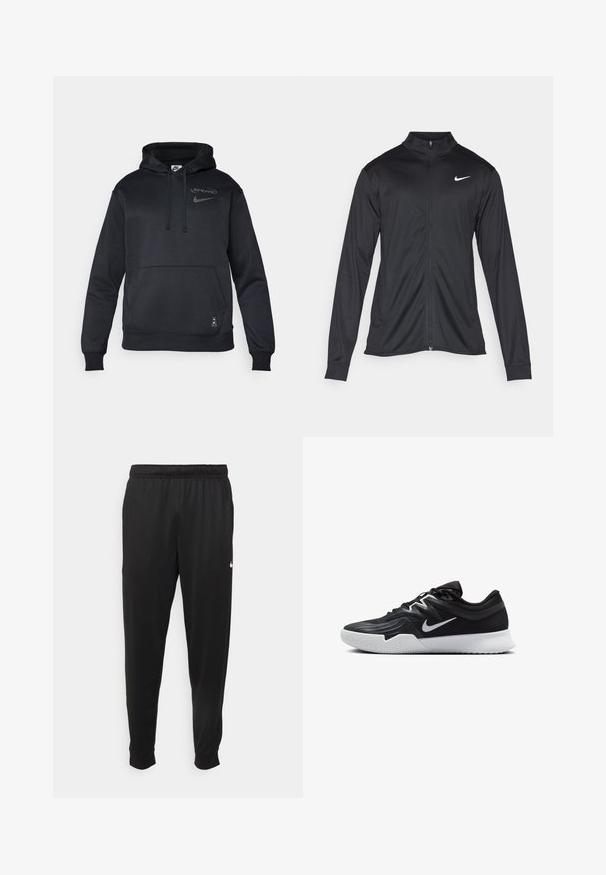 Čierna športová bunda s dlhými rukávmi, golierom a plným zipsom. Obsahuje nenápadné logo Nike v bielej farbe na hornej ľavej hrudi. Hladká textúra.; Čierna mikina Nike s kapucňou na šnúrku, logom na hrudi, klokanie vrecko, rebrované manžety a spodný lem, vyrobená z mäkkého a hladkého materiálu.; Čierne športové nohavice z hladkej tkaniny, s elastickým pásom, zužujúcimi sa nohavicami a malým bielym logom na ľavej strane.; Čierna športová topánka s textúrovaným zvrškom, bielym logom Nike a bielou gumovou podrážkou. Má šnurovací dizajn a dynamický tvar.