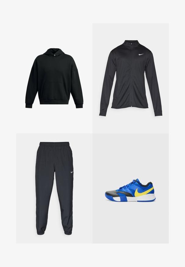 Black athletic jacket with long sleeves, collar, and full zipper. Features a subtle Nike logo in white on the upper left chest. Smooth texture.; Black hooded sweatshirt made of soft fabric, featuring a large front pocket, dropped shoulders, and ribbed cuffs for a relaxed fit.; Black track pants made from lightweight fabric with an elastic waistband, ankle cuffs, and a discreet Nike logo on the left side.; Blue and black athletic shoe made of synthetic material, featuring a yellow swoosh, textured upper, and a white midsole with a traction sole.