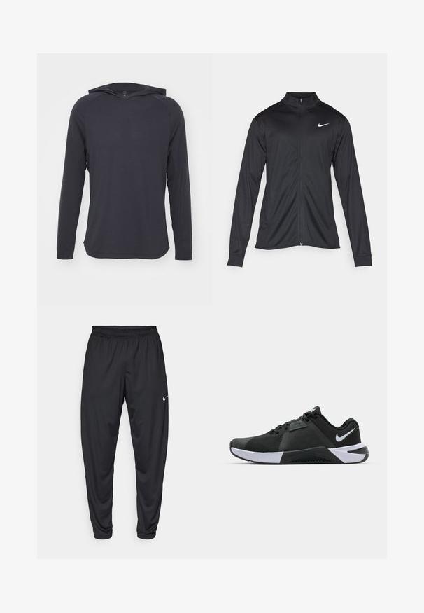 Zwarte sportjack met lange mouwen, kraag en volle rits. Voorzien van een subtiele Nike-logo in het wit op de bovenste linkerborst. Soepele textuur.; Lange mouwen met capuchon shirt in donkergrijs, gemaakt van lichtgewicht stof met een gladde textuur en subtiel horizontaal ribbelpatroon.; Zwarte sportbroeken met een elastische tailleband, taps toelopende pijpen en een klein wit Nike-logo op de linker bovenbeen. Glad stof, zonder patronen.; Nike Performance METCON 10 - Trainingsschoen - black/white/anthracite