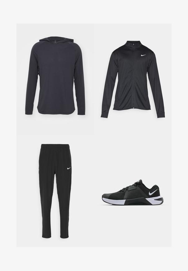 Black athletic jacket with long sleeves, collar, and full zipper. Features a subtle Nike logo in white on the upper left chest. Smooth texture.; Long-sleeve hooded shirt in dark gray, made of lightweight fabric with a smooth texture and subtle horizontal ribbed pattern.; Black athletic pants made of lightweight fabric, featuring an elastic waistband and a white Nike logo on the left thigh.; Nike Performance METCON 10 - Training shoe - black/white/anthracite