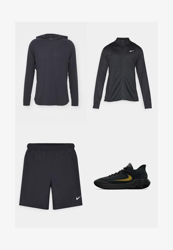 Musta urheilutakki pitkillä hihoilla, kauluksella ja kokonaisella vetoketjulla. Täydentää hienovarainen Nike-logo valkoisena vasemmassa ylärinnassa. Litteä pinta.; Pitkähihaisessa hupparissa tummanharmaa väri, joka on valmistettu kevyestä kankaasta, jossa on sileä rakenne ja hienovarainen vaakasuora ribbikuvio.; Mustat urheilushortsit, jotka on valmistettu kevyestä materiaalista ja joissa on joustava vyötärö. Alareunassa vasemmalla puolella on pieni valkoinen Nike-logo.; Musta ja tummanharmaa urheilukenkä mustilla nauhoilla ja kultaisella swoosh-logolla, jossa on aaltoileva pohjakuvio ja pehmustettu kantapään kaulus.
