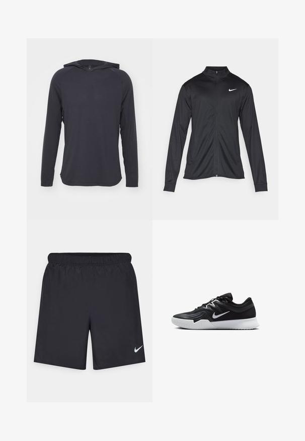 Fekete sportdzseki hosszú ujjal, gallérral és teljes cipzárral. Diszkrét fehér Nike logóval az upper bal mellen. Sima textúra.; Hosszú ujjú kapucnis póló sötétszürke színben, könnyű anyagból, sima tapintással és finom vízszintes bordás mintázattal.; Fekete sportnadrág könnyű anyagból, rugalmas derékkal. A bal alsó oldalon egy kis fehér Nike-logó található.; Fekete sportcipő texturált felsőrésszel, fehér Nike logóval és fehér gumitalppal. Fűzős kialakítással és dinamikus formával rendelkezik.
