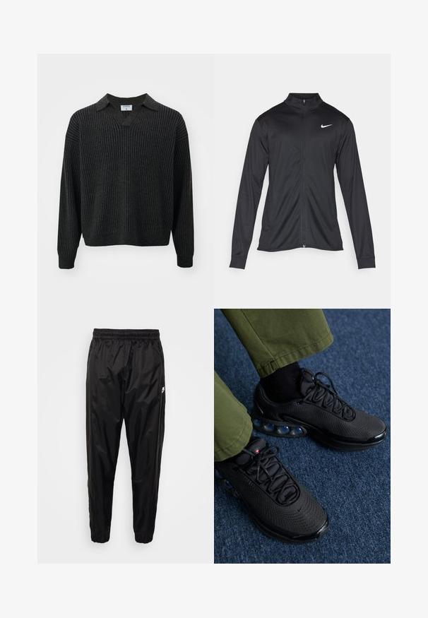 Črna atletska jakna z dolgimi rokavi, ovratnikom in polnim zadrgo. Vključuje diskreten bel Nike logotip na zgornjem levem delu prsnega koša. Gladka tekstura.; Filippa K Pulover - mocha/navy; Črne trenirke iz lahkotnega, sijočnega materiala z elastičnim pasom, zoženim krojem in žepi z zadrgo. Vsebujejo akcent logotipa.; Črne športne čevlje z mrežastim zgornjim delom, teksturirano površino in vidnimi zračnimi blazinicami. Kombinirani z olivno zelenimi hlačami in črnimi nogavicami.