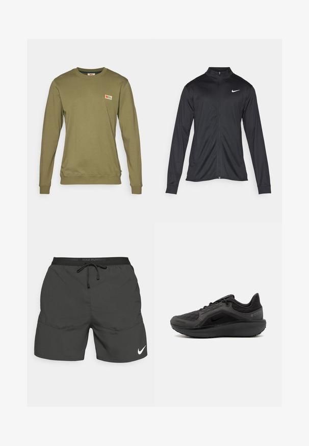 Jacket desportivo preto com mangas longas, colarinho e fecho zip completo. Apresenta um discreto logotipo da Nike em branco na parte superior do lado esquerdo do peito. Textura suave.; Sweatshirt de mangas compridas em verde oliva, feito de algodão suave, com um pequeno logótipo cosido no peito e punhos e bainha canelados.; Calções de corrida pretos com cintura elástica, cordão, bolsos laterais e um logo branco da Nike na parte inferior da perna esquerda.; Shoe atlético preto com um superior acolchoado texturizado, design elegante e sola de borracha preta. Apresenta um logótipo visível e marca Gore-Tex.