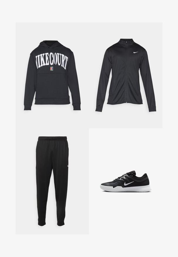 Giacca sportiva nera con maniche lunghe, colletto e zip completa. Presenta un logo Nike in bianco sulla parte superiore del lato sinistro del petto. Tessuto morbido.; Felpa nera con cappuccio caratterizzata dalla scritta "NIKECOURT" in bianco sul petto, con una piccola etichetta logo multicolore sul davanti. Materiale misto cotone.; Pantaloni sportivi neri realizzati in tessuto liscio, con una vita elastica, gambe affusolate e un piccolo logo bianco sul lato sinistro.; Scarpa sportiva nera con tomaia testurizzata, logo Nike swoosh bianco e suola in gomma bianca. Presenta un design con lacci e una forma dinamica.
