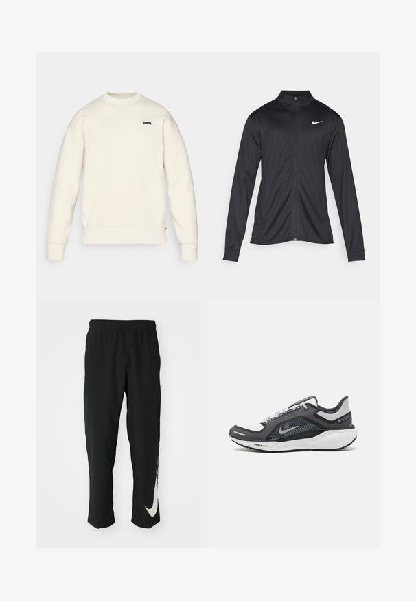 Veste de sport noire à manches longues, avec col et fermeture éclair intégrale. Présente un logo Nike subtil en blanc sur le côté supérieur gauche de la poitrine. Texture lisse.; Sweatshirt beige clair avec un col rond, des bords-côtes au niveau des poignets et de l'ourlet, et un petit logo noir sur la poitrine. Texture douce et coupe décontractée.; Pantalons de sport noirs avec une ceinture élastique, design fuselé, dotés d'un grand logo Nike blanc sur la jambe gauche. Tissu doux et léger.; Baskets de sport noires et grises avec un empeigne en maille, des accents réfléchissants et un intermédiaire blanc. Comprend une semelle extérieure en caoutchouc texturé et des lacets.